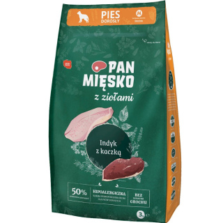 Sucha karma Pan Mięsko – indyk z kaczką i ziołami, hipoalergiczna, 3 kg