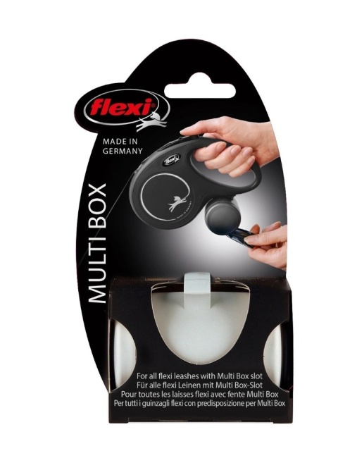 Pojemnik FLEXI Multi Box w opakowaniu, pokazany z automatyczną smyczą