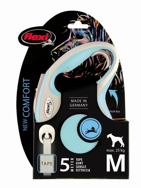 Smycz automatyczna Flexi New Comfort M 5m taśma błękitna dla psa do 25 kg – opakowanie produktu Smycz automatyczna Flexi New Comfort M 5m taśma błękitna dla psa do 25 kg – opakowanie produktu