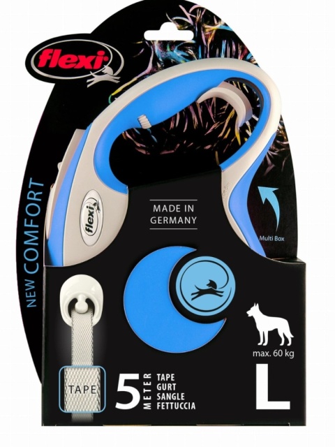 Flexi New Comfort L niebieska, smycz taśmowa 5 m dla dużych psów do 50 kg Flexi New Comfort L niebieska, smycz taśmowa 5 m dla dużych psów do 50 kg