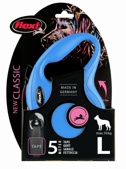 Smycz FLEXI niebieska, taśma 5 m, dla dużych psów do 50 kg, Classic L Smycz FLEXI niebieska, taśma 5 m, dla dużych psów do 50 kg, Classic L
