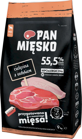 Sucha karma Pan Mięsko – cielęcina z indykiem, hipoalergiczna, 9 kg, chrupki M