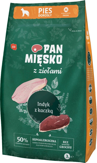 Sucha karma Pan Mięsko – indyk z kaczką i ziołami, hipoalergiczna, 3 kg