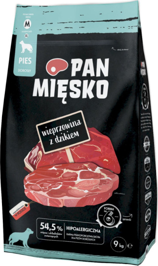 Sucha karma Pan Mięsko – wieprzowina z dzikiem, hipoalergiczna, 9 kg, chrupki M