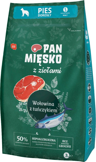 Sucha karma Pan Mięsko – wołowina z tuńczykiem, hipoalergiczna, 3 kg, chrupki S